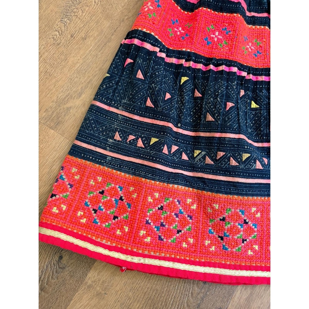 VTG 70s Thai Hmong Hand Embroidered Neon Indigo Skirt Folk Tribal Elastic Waist - Picture 3 of 7